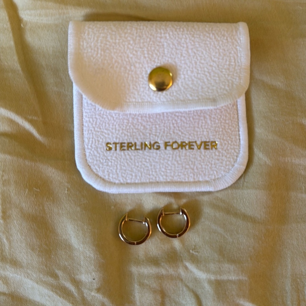 Sterling Forever Gold Plated Small Hoops w Clear Stone